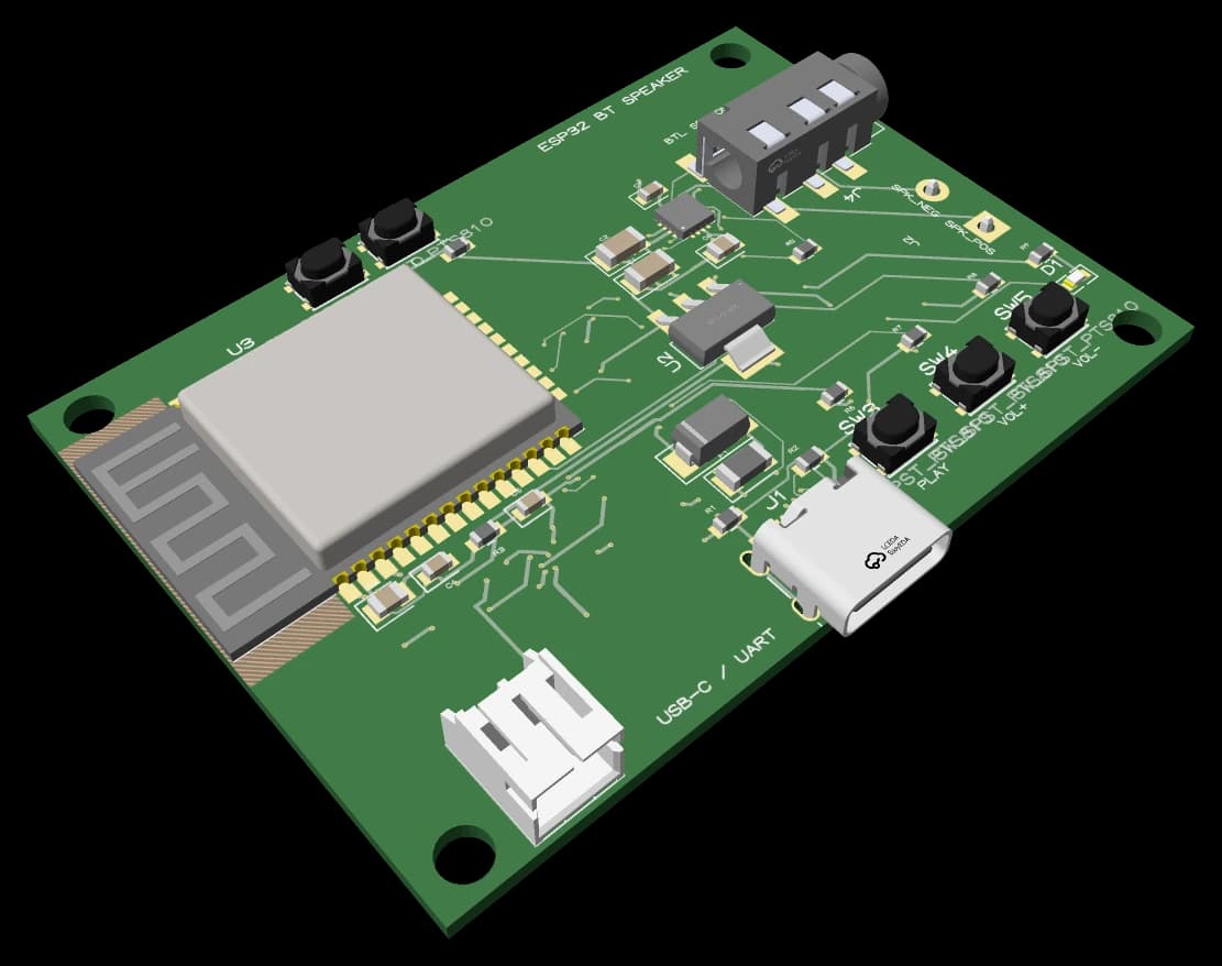 3D render of a small green two-layer PCB with an ESP32 module, a USB-C connector, an audio jack and a row of buttons